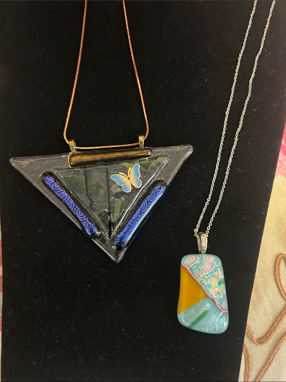 Handcrafted Triangular Glass Dichroic Necklace with Blue Butterfly Accent
